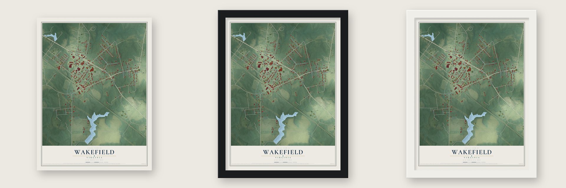 Wakefield, Virginia map unframed, in a black wood frame and in a white wood frame