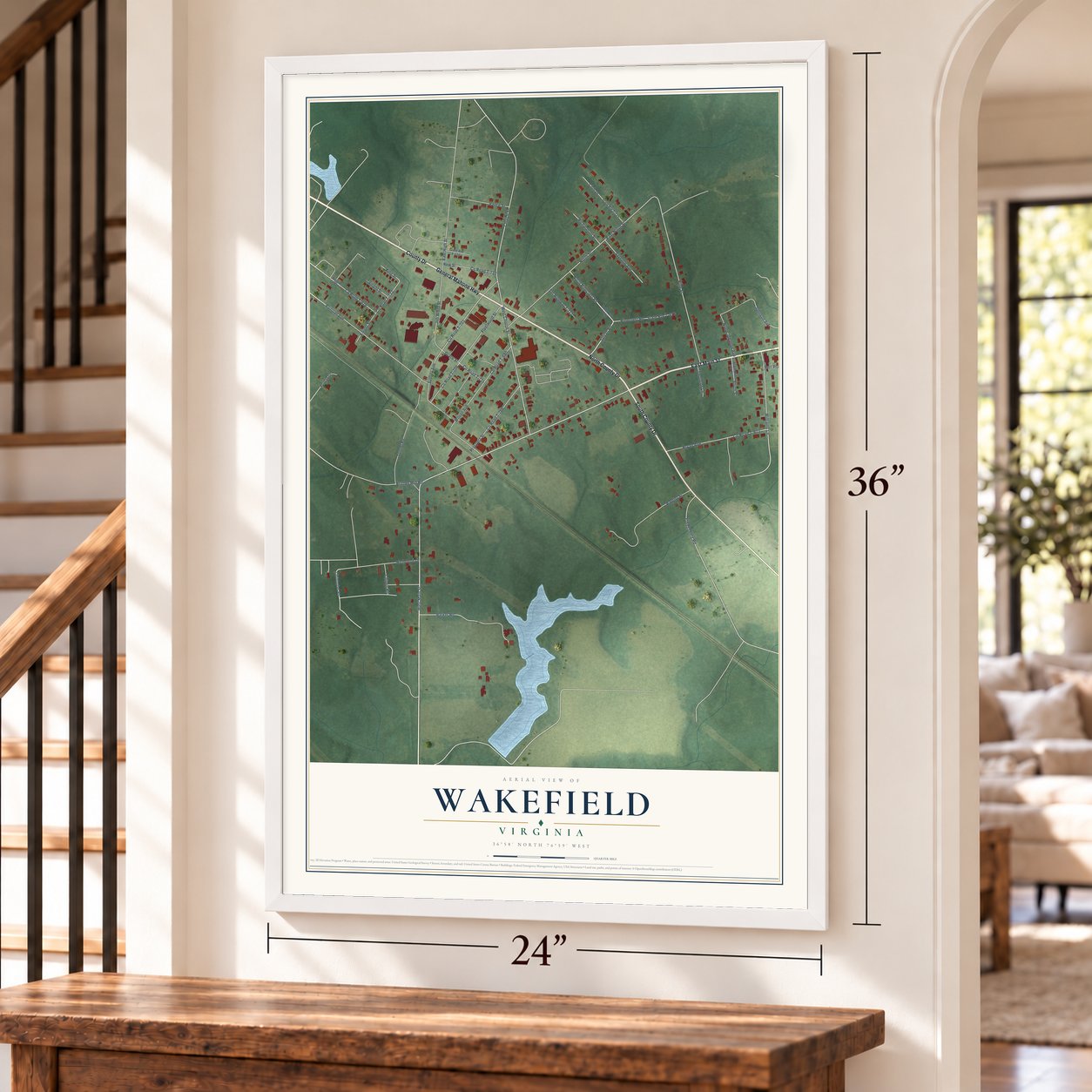 Wakefield, Virginia map, 24 x 36 inch print in a white frame by a staircase