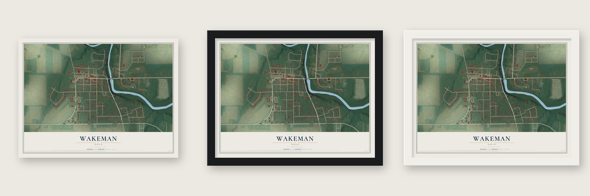 Wakeman, Ohio map unframed, in a black wood frame and in a white wood frame