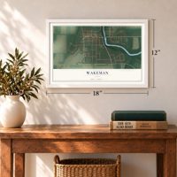 Wakeman, Ohio map, 12 x 18 inch print in a white frame in an entryway