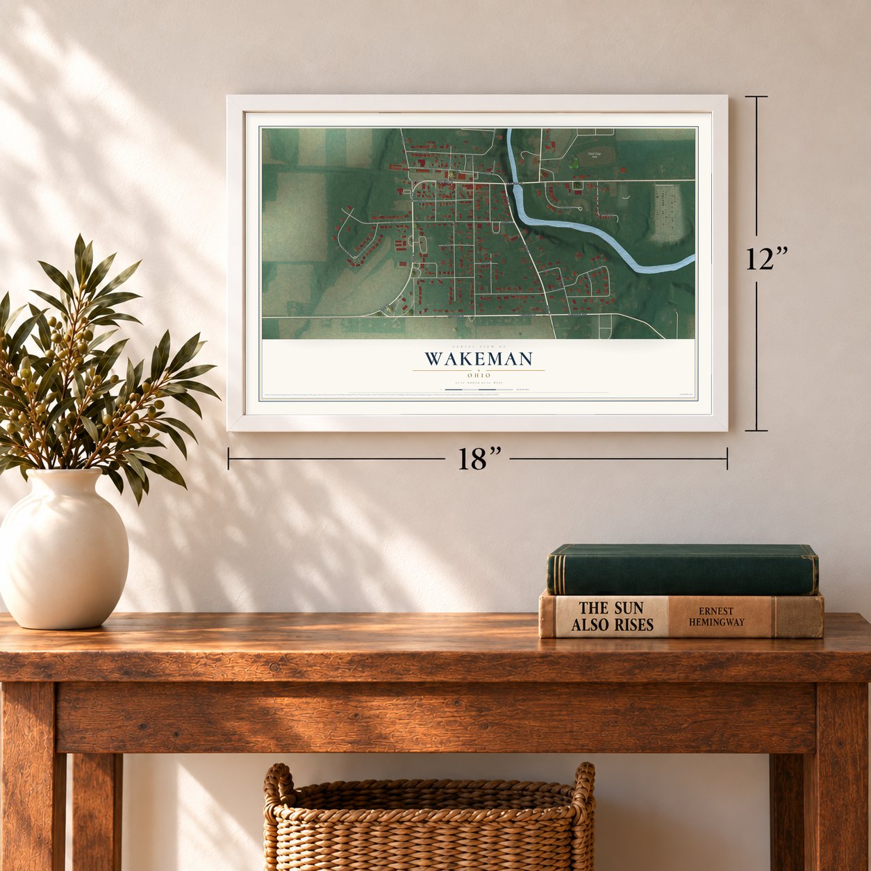 Wakeman, Ohio map, 12 x 18 inch print in a white frame in an entryway