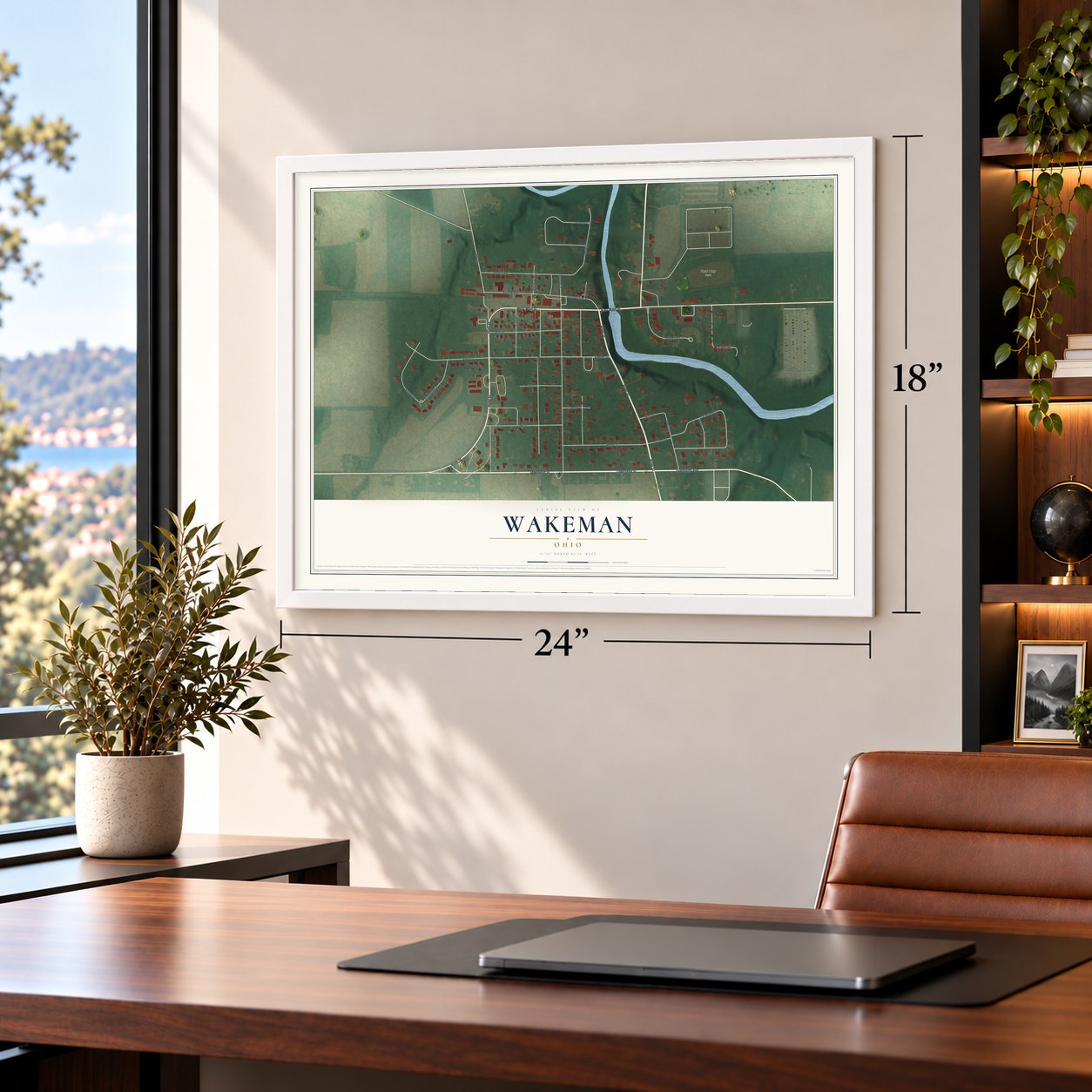 Wakeman, Ohio map, 18 x 24 inch print in a white frame in a home office