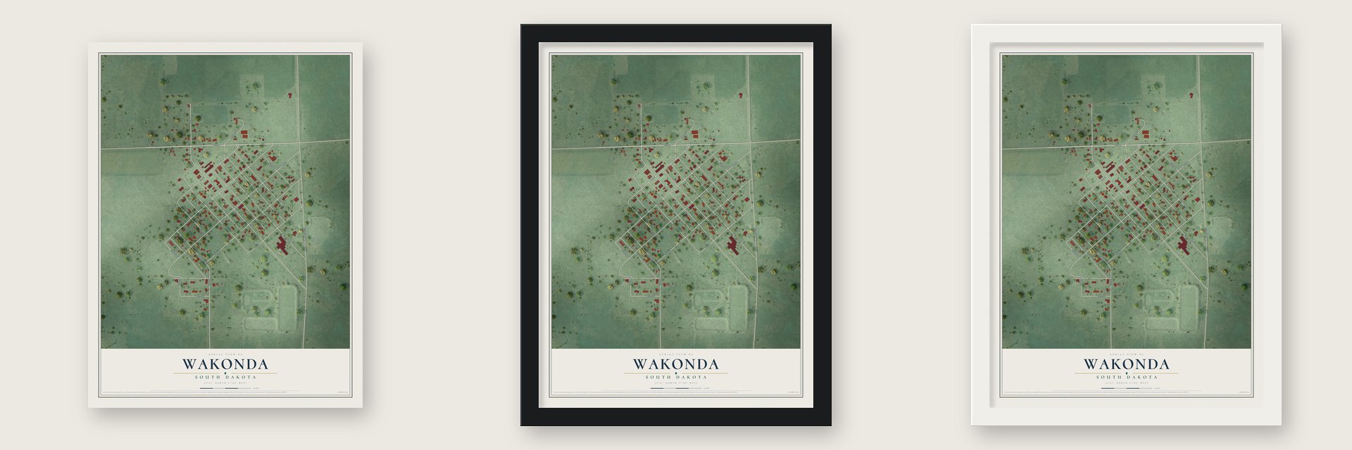Wakonda, South Dakota map unframed, in a black wood frame and in a white wood frame