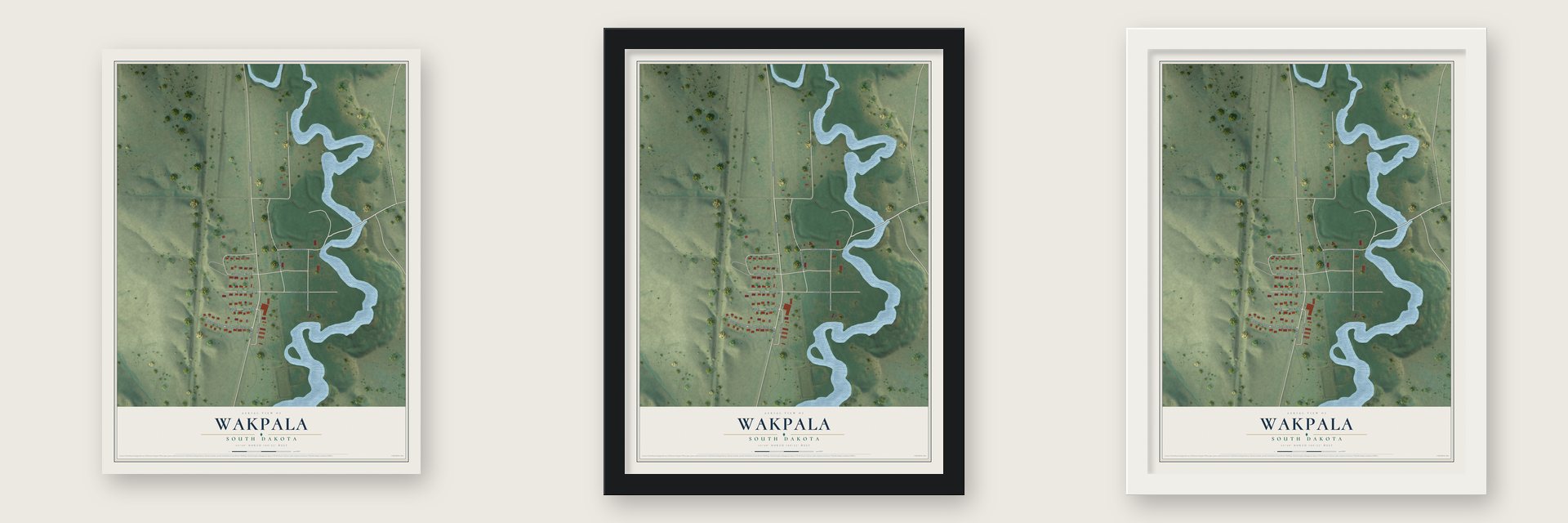 Wakpala, South Dakota map unframed, in a black wood frame and in a white wood frame