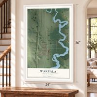 Wakpala, South Dakota map, 24 x 36 inch print in a white frame by a staircase