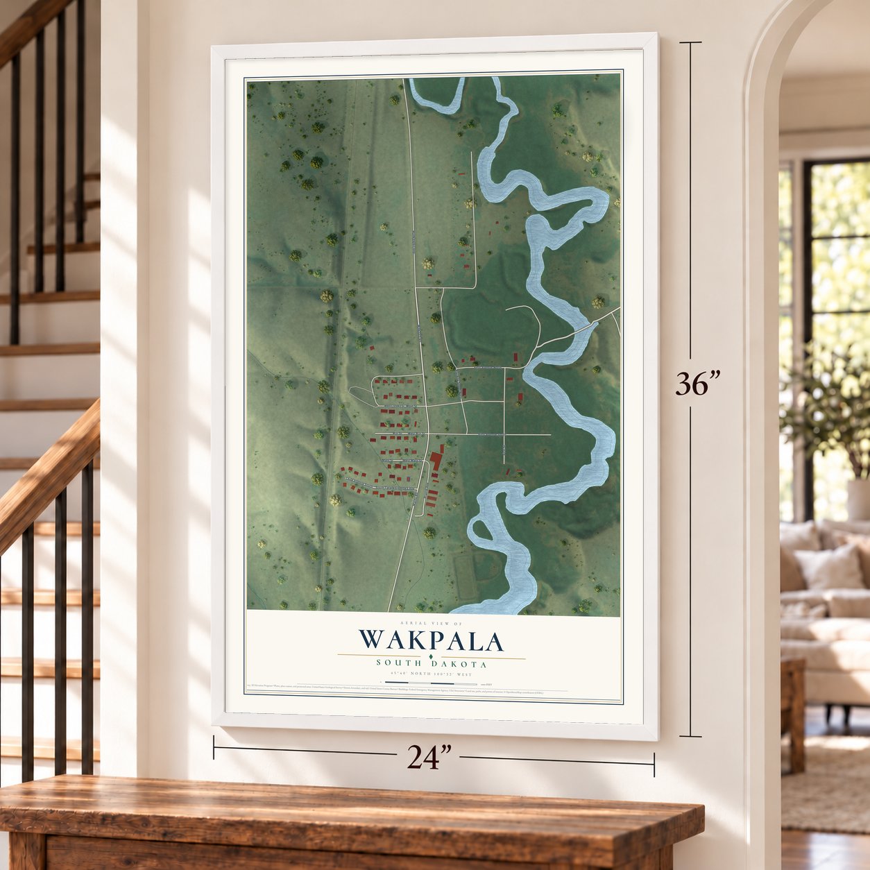 Wakpala, South Dakota map, 24 x 36 inch print in a white frame by a staircase