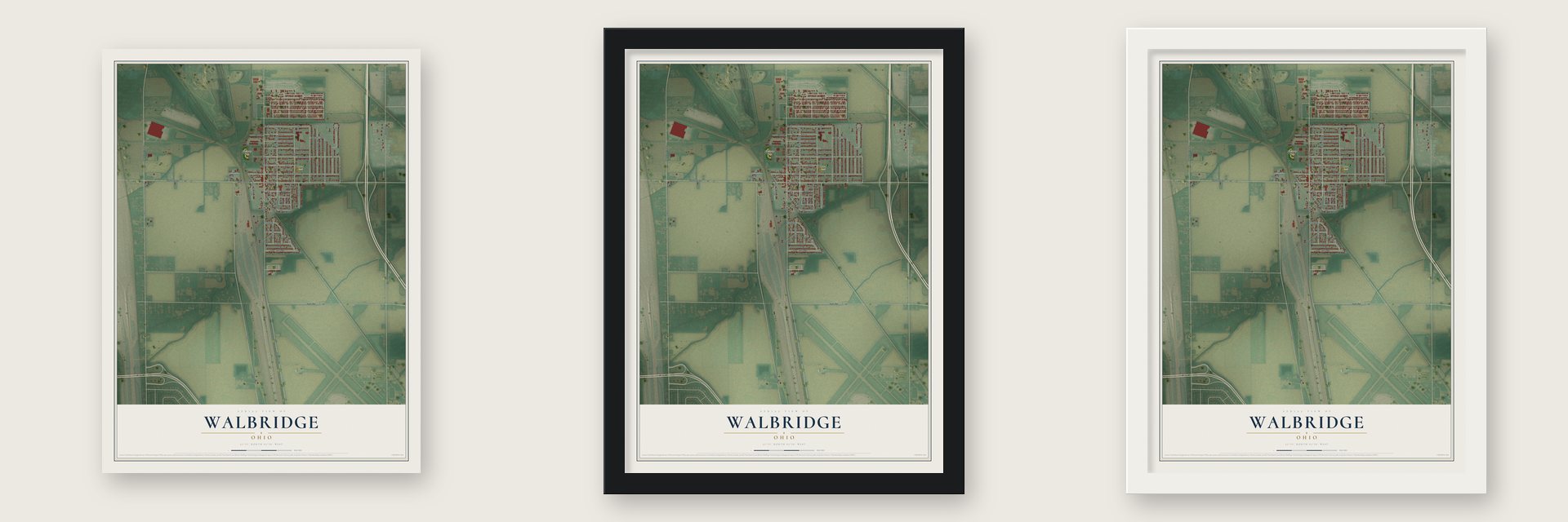 Walbridge, Ohio map unframed, in a black wood frame and in a white wood frame