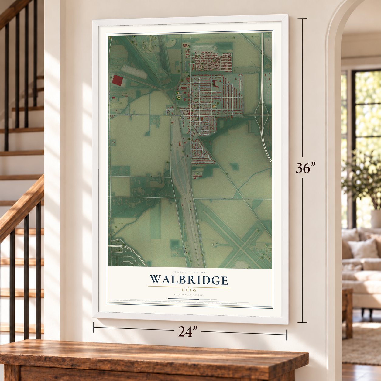 Walbridge, Ohio map, 24 x 36 inch print in a white frame by a staircase