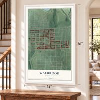 Walbrook, Maryland map, 24 x 36 inch print in a white frame by a staircase