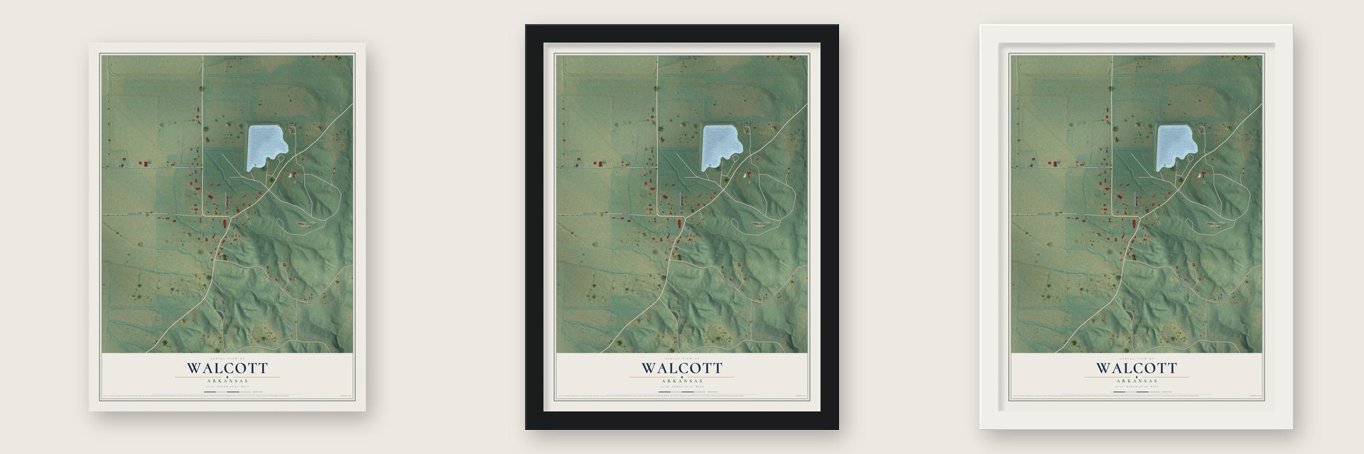 Walcott, Arkansas map unframed, in a black wood frame and in a white wood frame