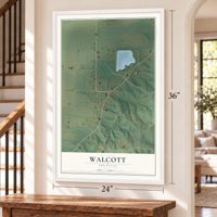 Walcott, Arkansas map, 24 x 36 inch print in a white frame by a staircase