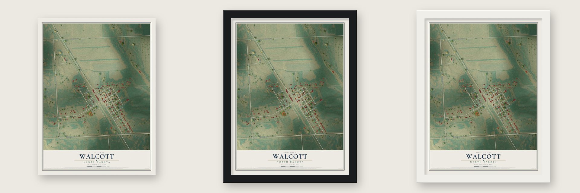 Walcott, North Dakota map unframed, in a black wood frame and in a white wood frame