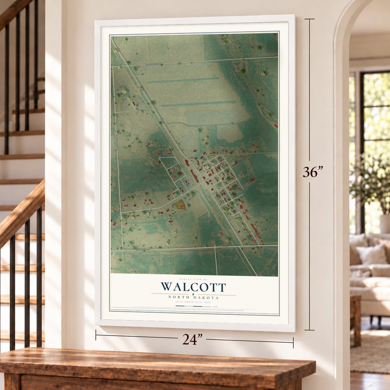 Walcott, North Dakota map, 24 x 36 inch print in a white frame by a staircase