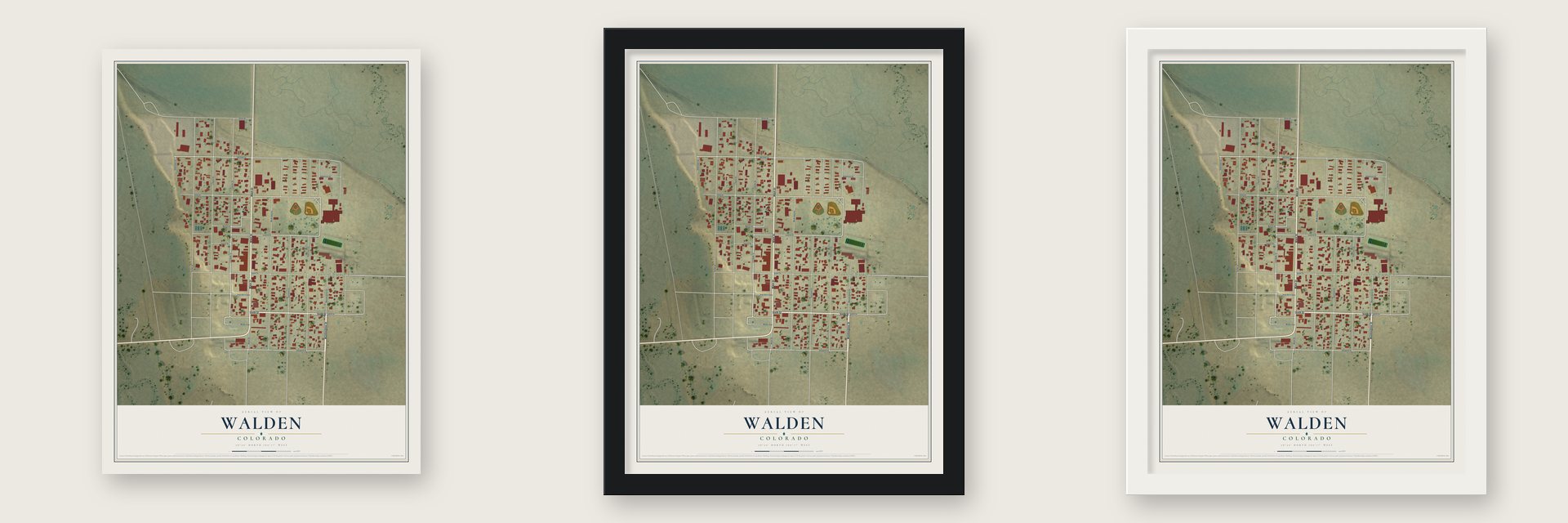 Walden, Colorado map unframed, in a black wood frame and in a white wood frame