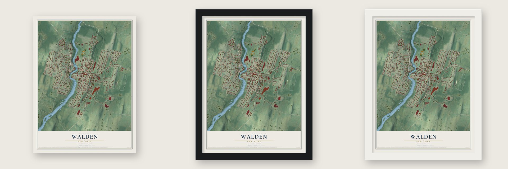 Walden, New York map unframed, in a black wood frame and in a white wood frame