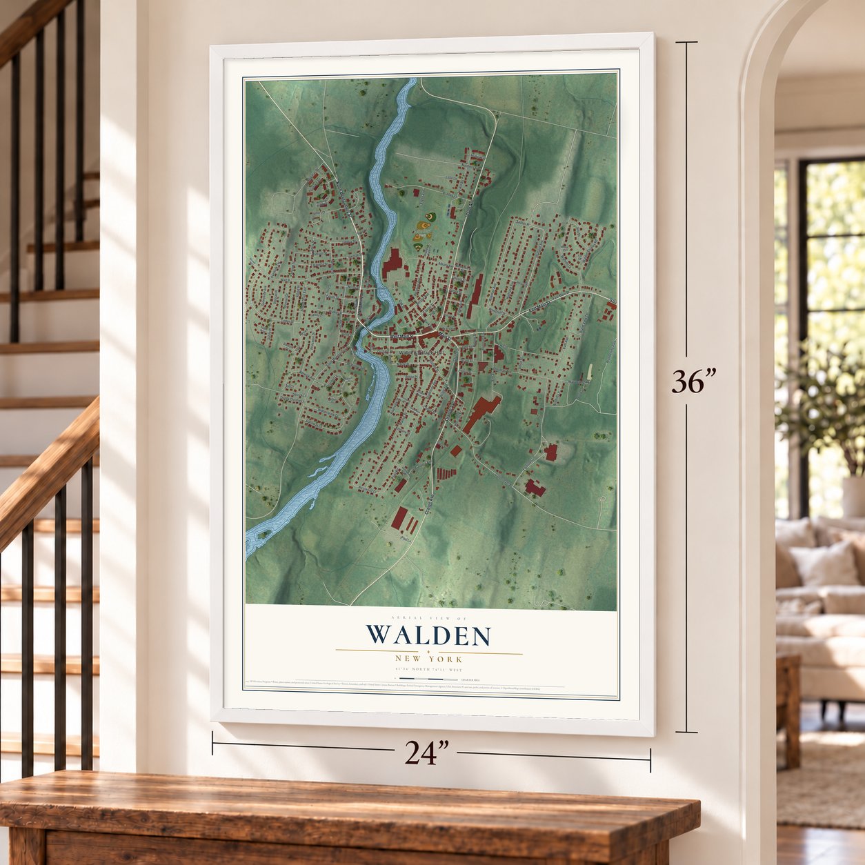Walden, New York map, 24 x 36 inch print in a white frame by a staircase