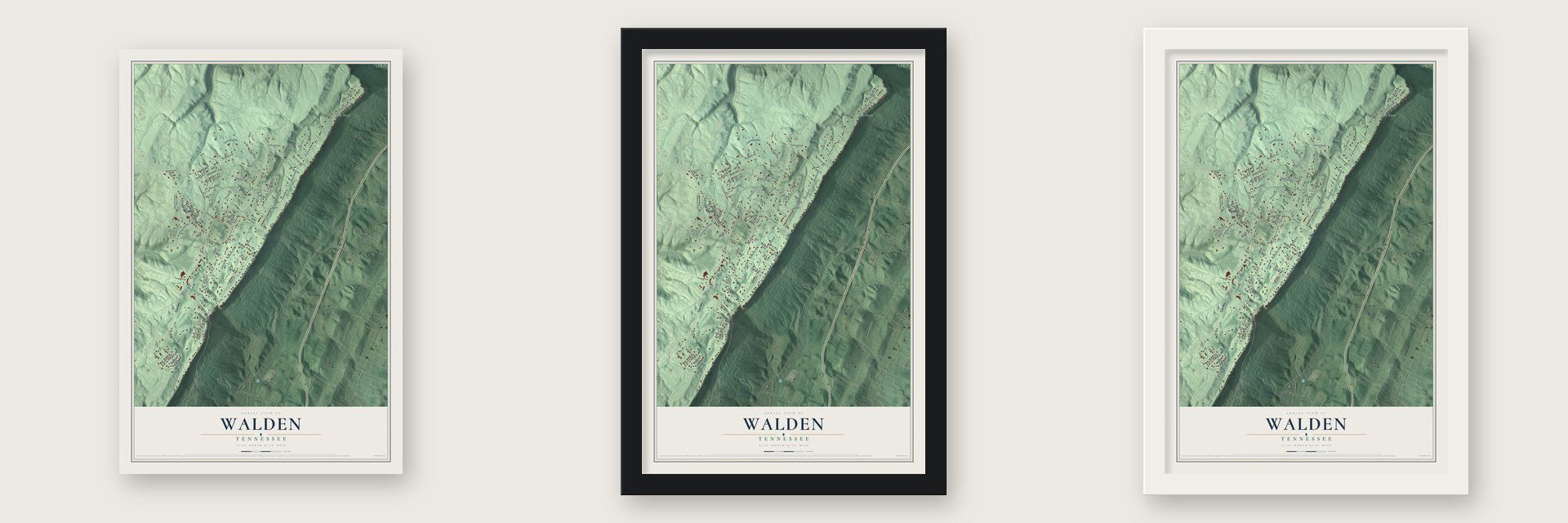Walden, Tennessee map unframed, in a black wood frame and in a white wood frame