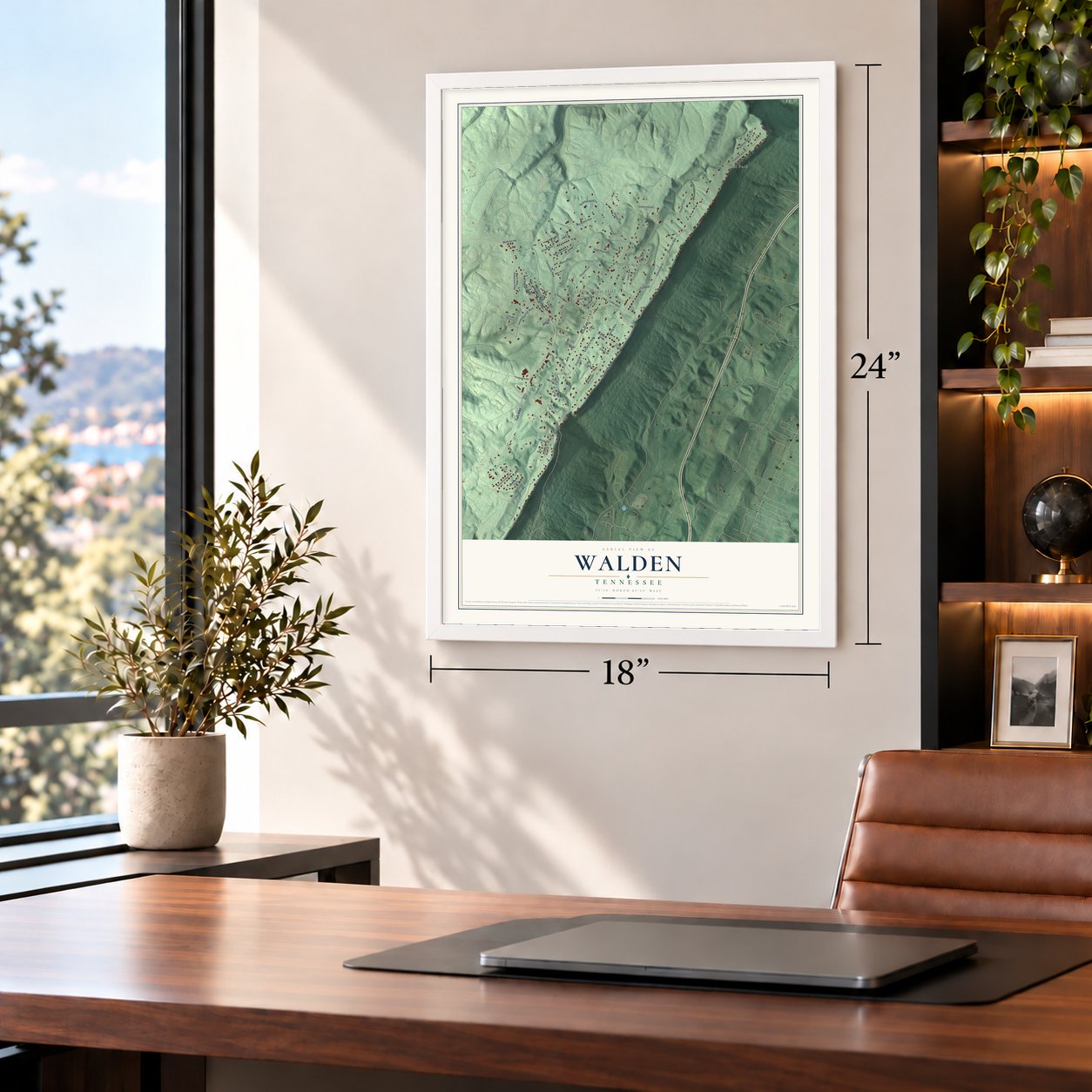 Walden, Tennessee map, 18 x 24 inch print in a white frame in a home office