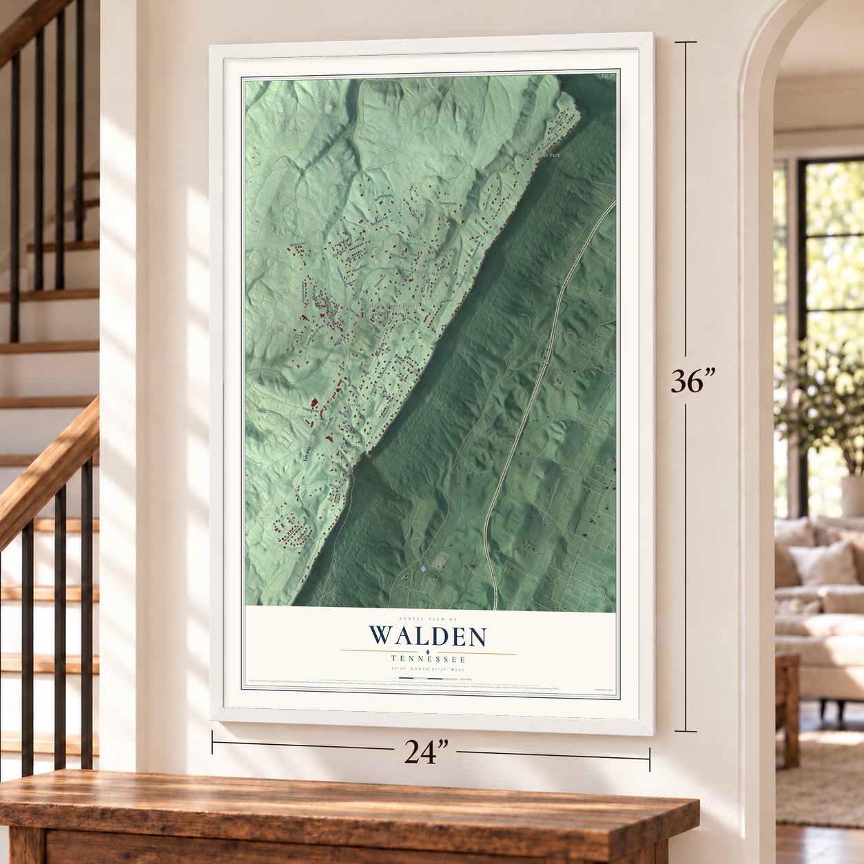 Walden, Tennessee map, 24 x 36 inch print in a white frame by a staircase