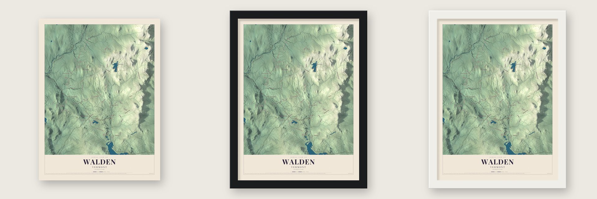 Walden, Vermont map unframed, in a black wood frame and in a white wood frame