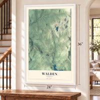Walden, Vermont map, 24 x 36 inch print in a white frame by a staircase