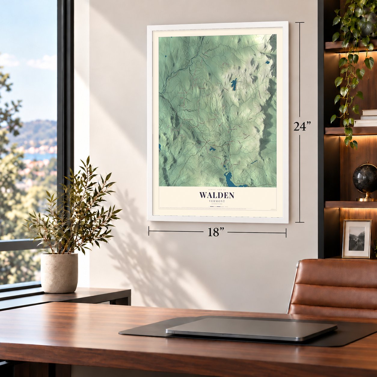 Walden, Vermont map, 18 x 24 inch print in a white frame in a home office
