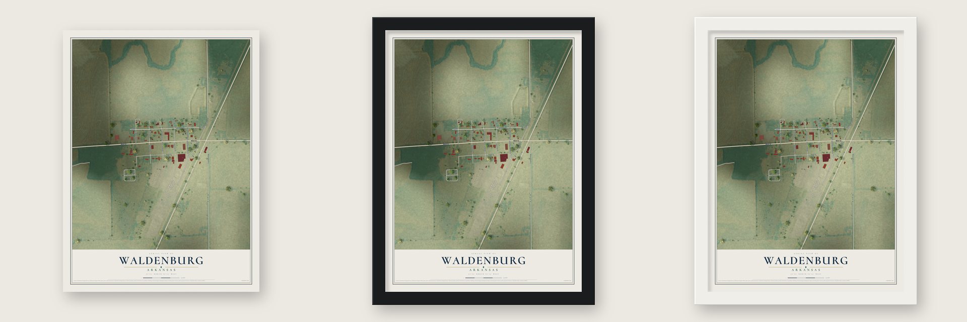Waldenburg, Arkansas map unframed, in a black wood frame and in a white wood frame