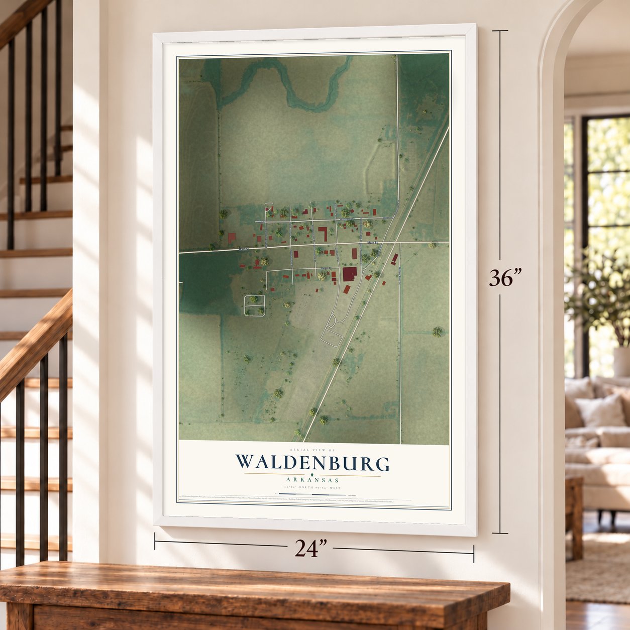 Waldenburg, Arkansas map, 24 x 36 inch print in a white frame by a staircase