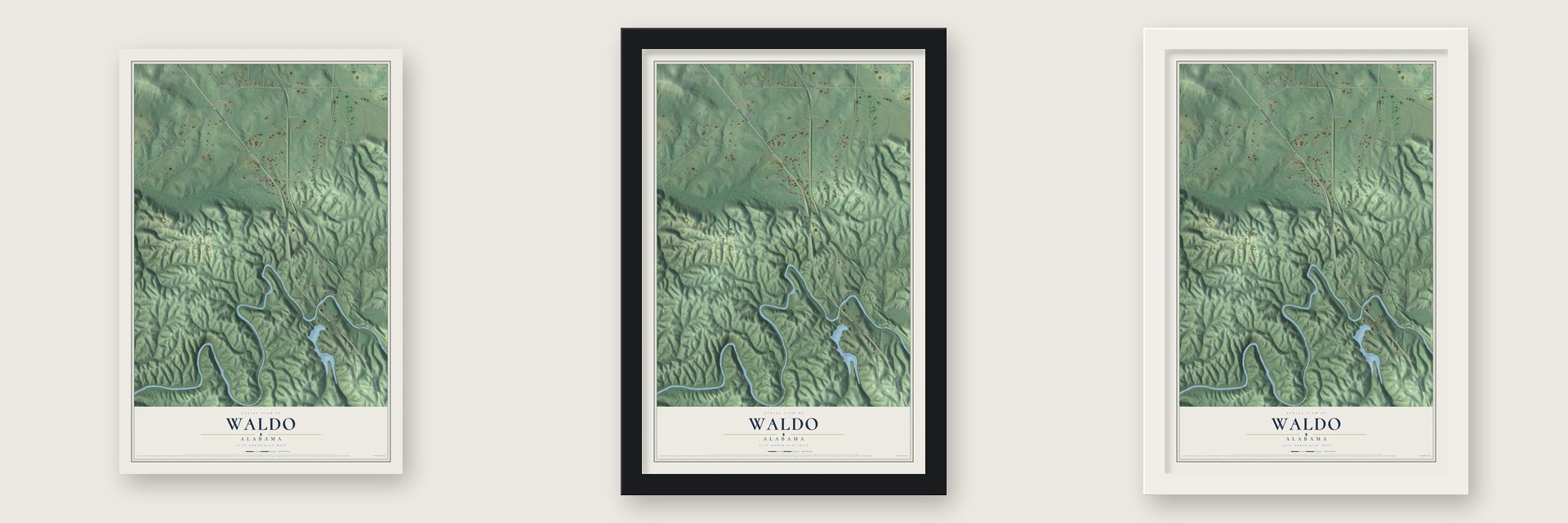 Waldo, Alabama map unframed, in a black wood frame and in a white wood frame