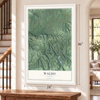 Waldo, Alabama map, 24 x 36 inch print in a white frame by a staircase