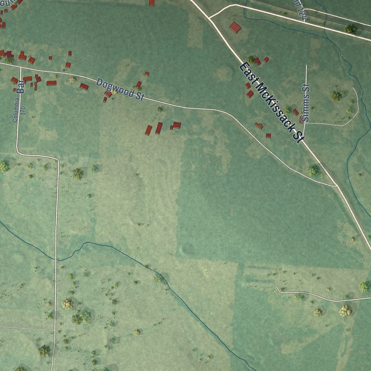 Second close-up of the map of Waldo, Arkansas print showing more streets and buildings