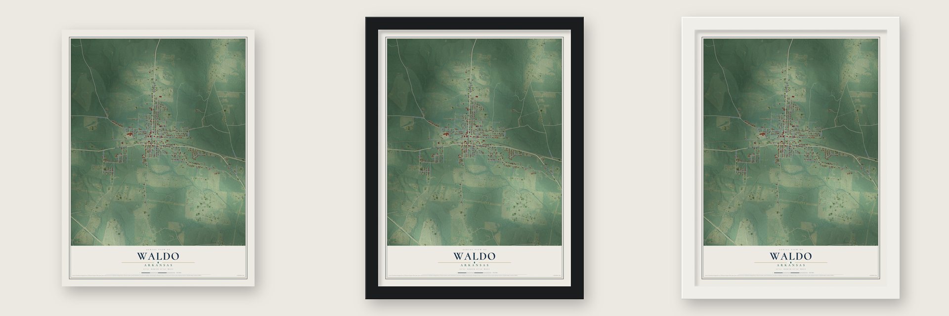 Waldo, Arkansas map unframed, in a black wood frame and in a white wood frame