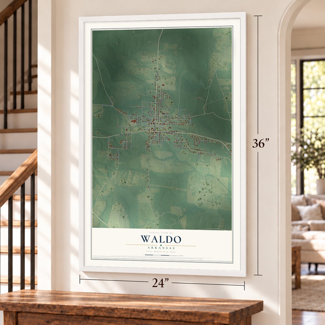 Waldo, Arkansas map, 24 x 36 inch print in a white frame by a staircase