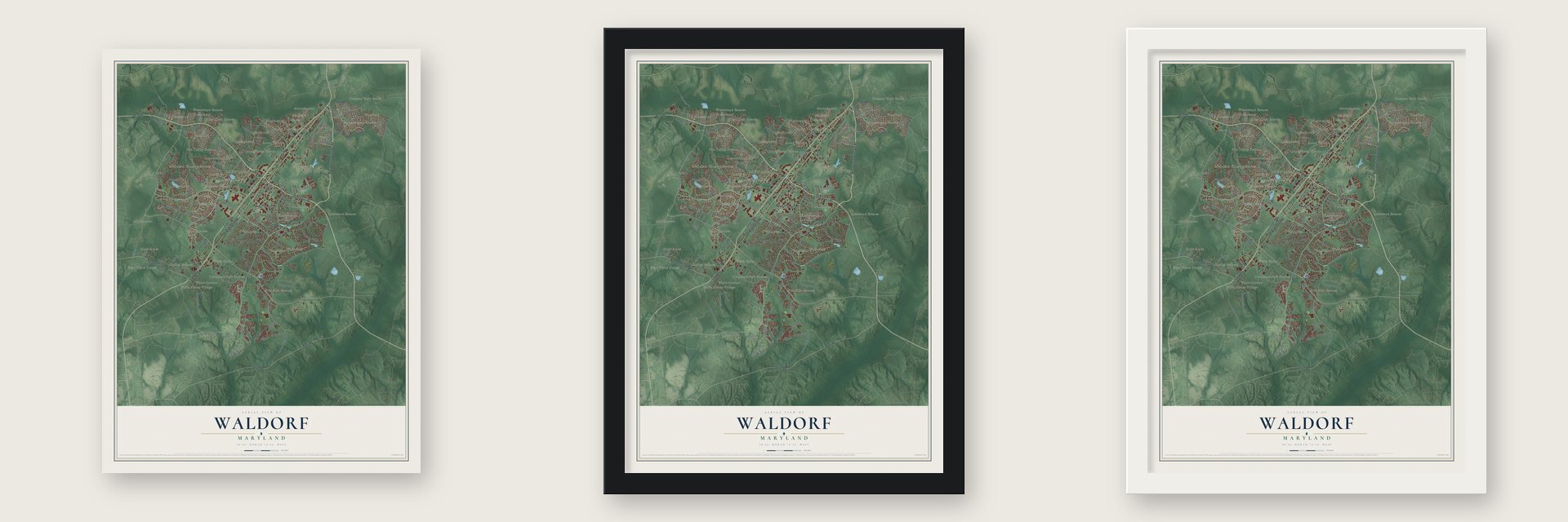 Waldorf, Maryland map unframed, in a black wood frame and in a white wood frame