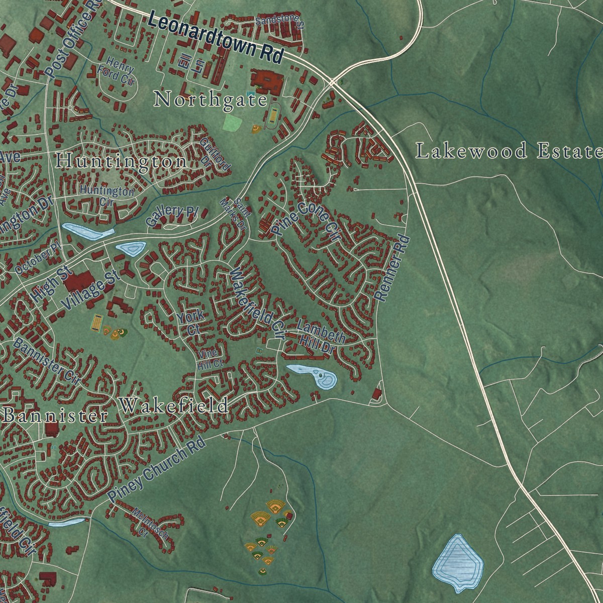 Second close-up of the map of Waldorf, Maryland print showing more streets and buildings