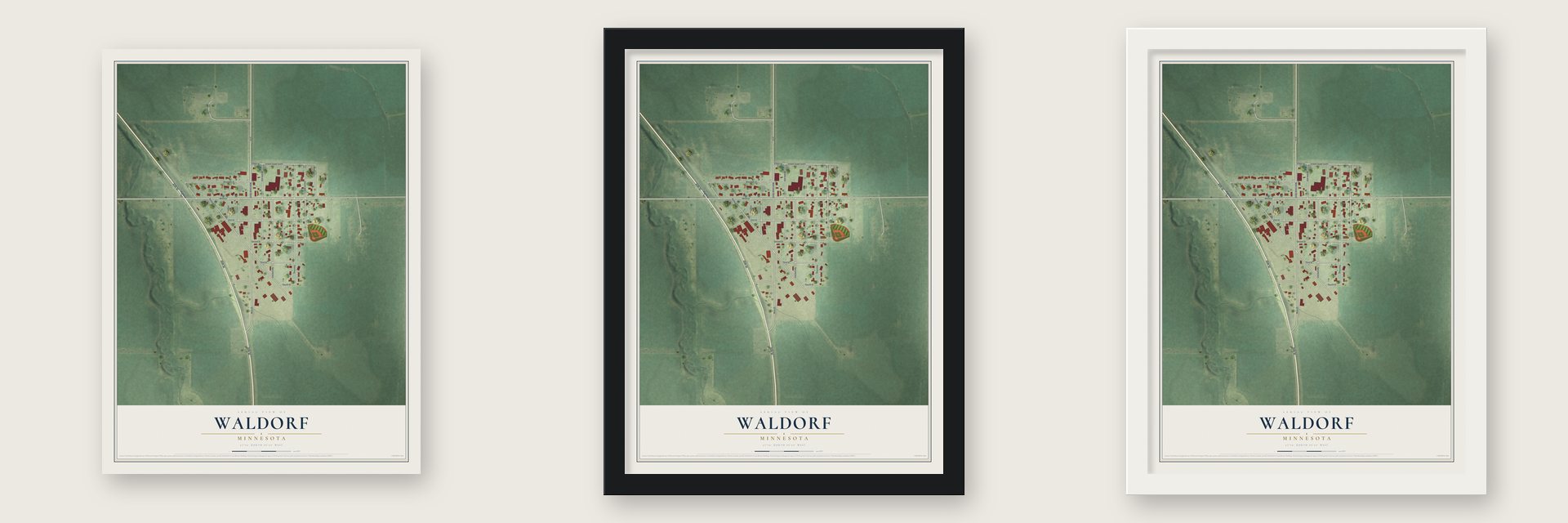 Waldorf, Minnesota map unframed, in a black wood frame and in a white wood frame