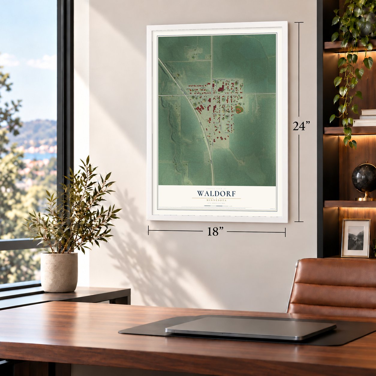 Waldorf, Minnesota map, 18 x 24 inch print in a white frame in a home office