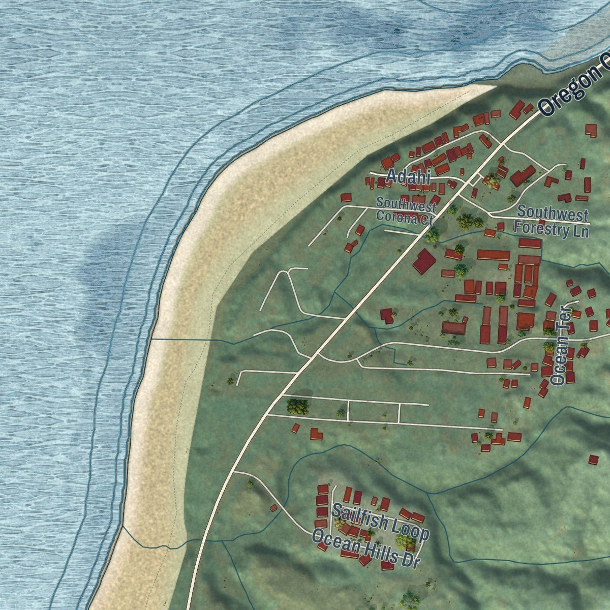 Second close-up of the map of Waldport, Oregon print showing more streets and buildings