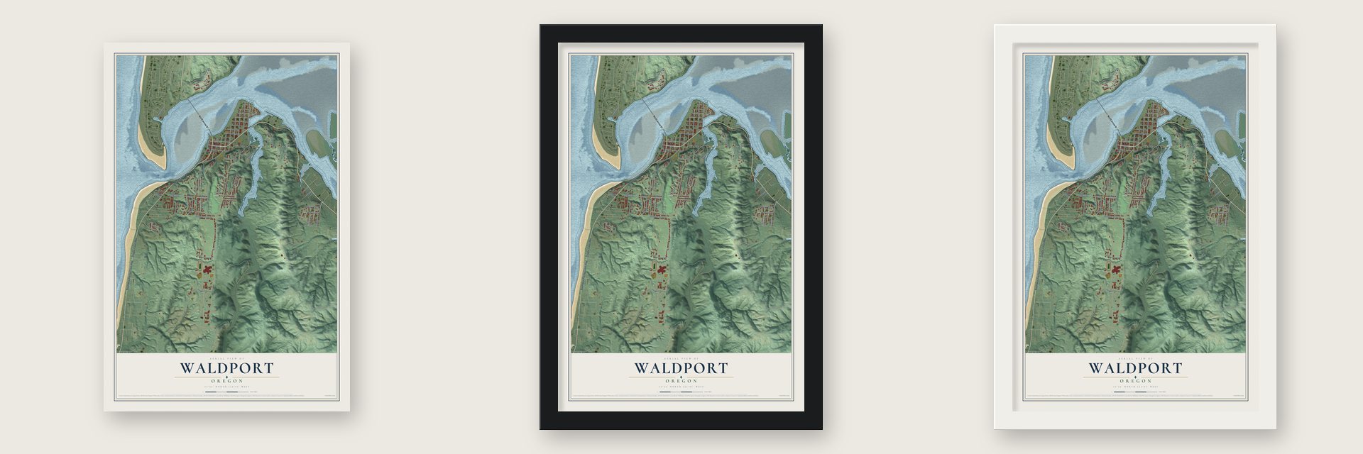 Waldport, Oregon map unframed, in a black wood frame and in a white wood frame