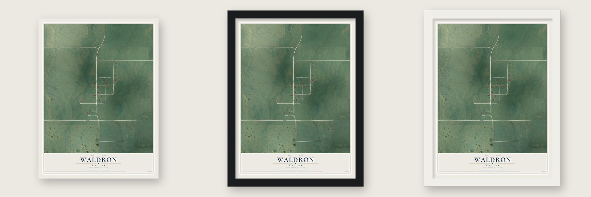 Waldron, Kansas map unframed, in a black wood frame and in a white wood frame