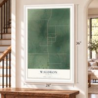 Waldron, Kansas map, 24 x 36 inch print in a white frame by a staircase