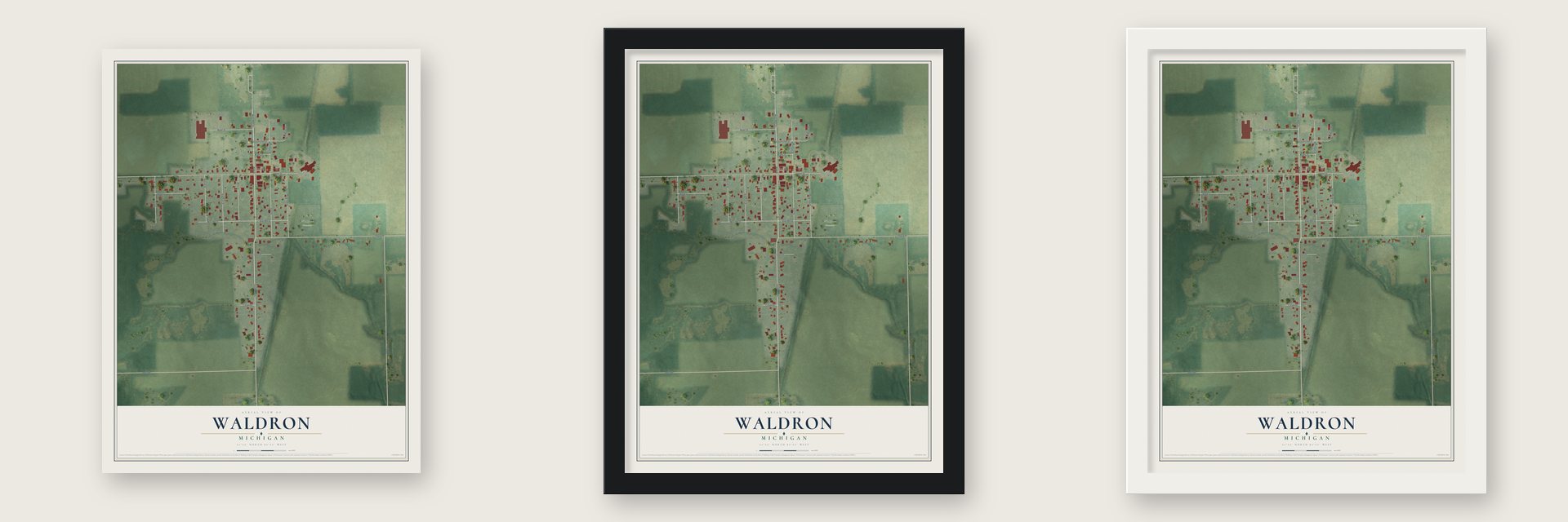 Waldron, Michigan map unframed, in a black wood frame and in a white wood frame