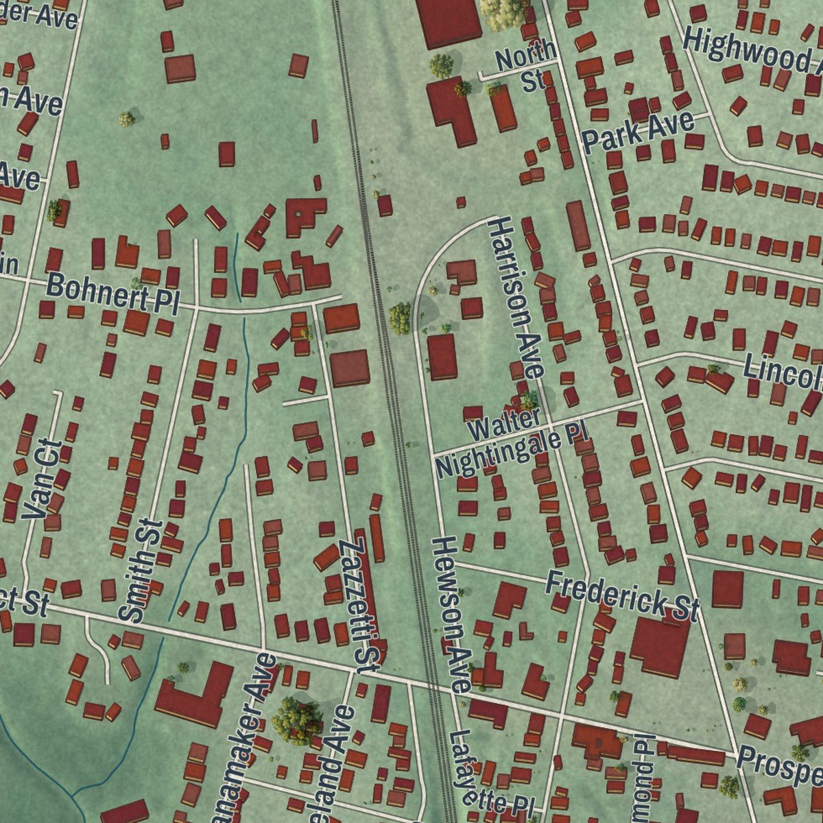 Second close-up of the map of Waldwick, New Jersey print showing more streets and buildings