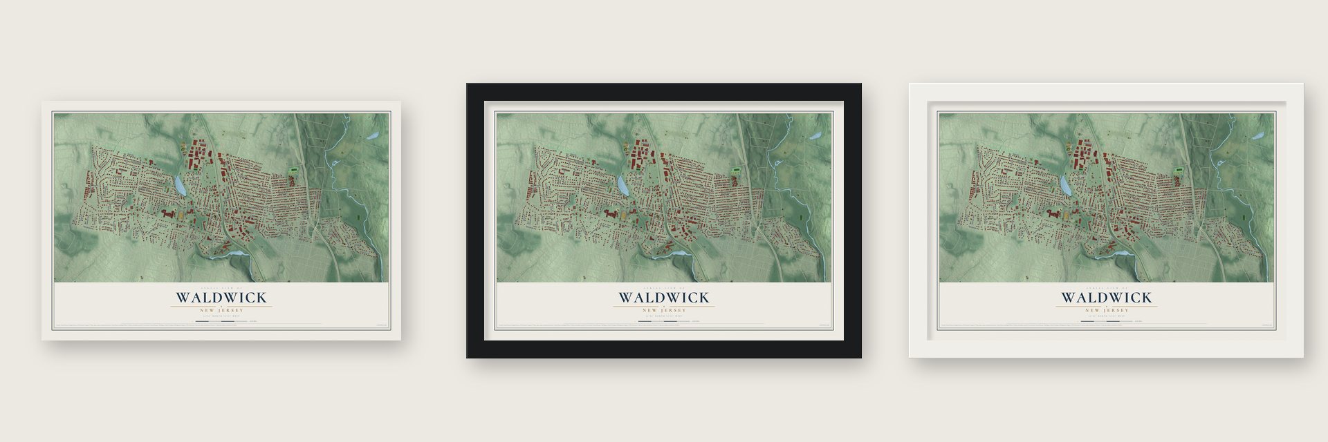 Waldwick, New Jersey map unframed, in a black wood frame and in a white wood frame