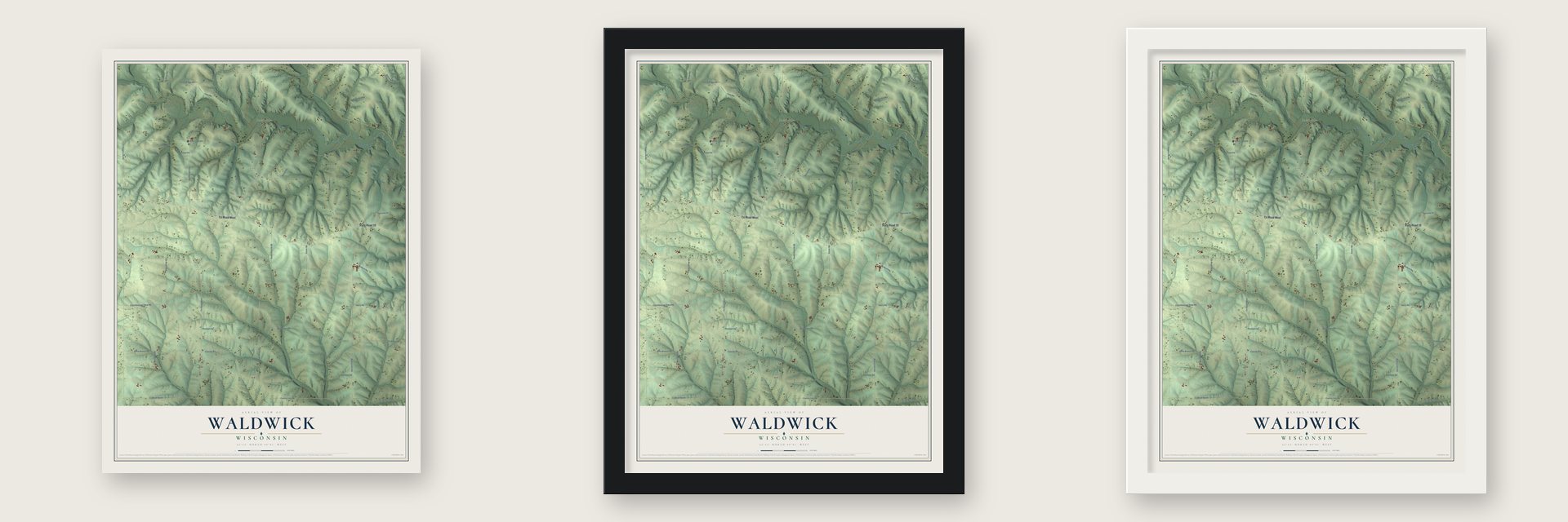 Waldwick, Wisconsin map unframed, in a black wood frame and in a white wood frame