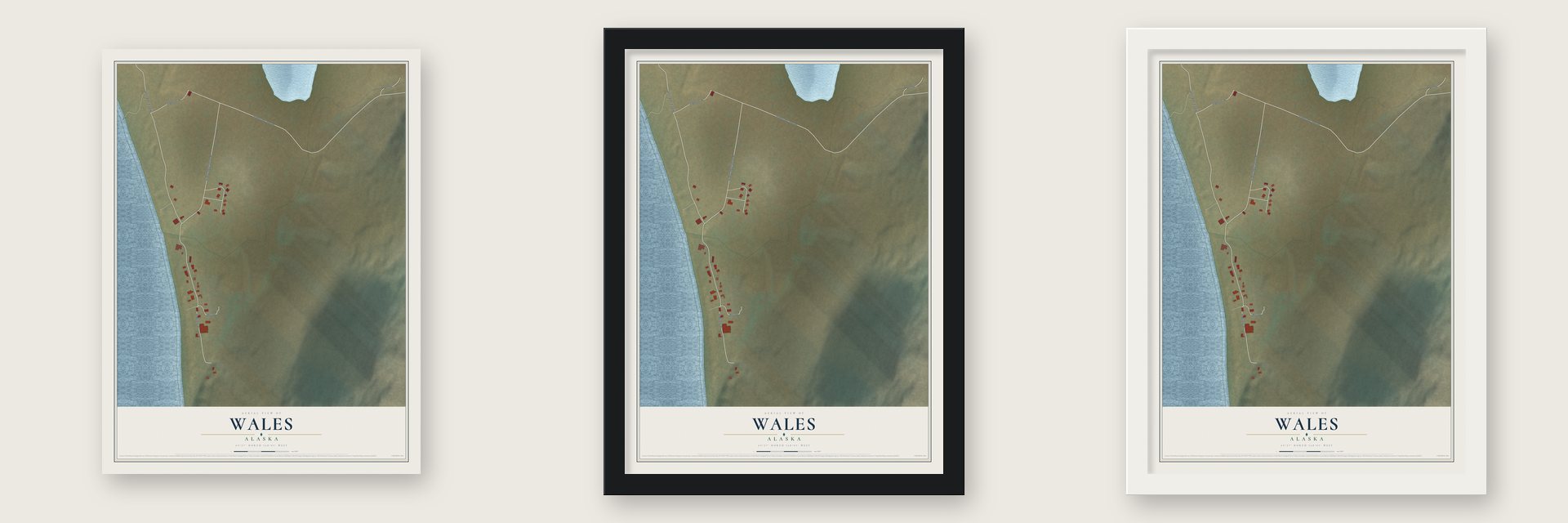 Wales, Alaska map unframed, in a black wood frame and in a white wood frame