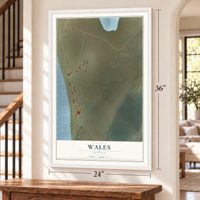 Wales, Alaska map, 24 x 36 inch print in a white frame by a staircase