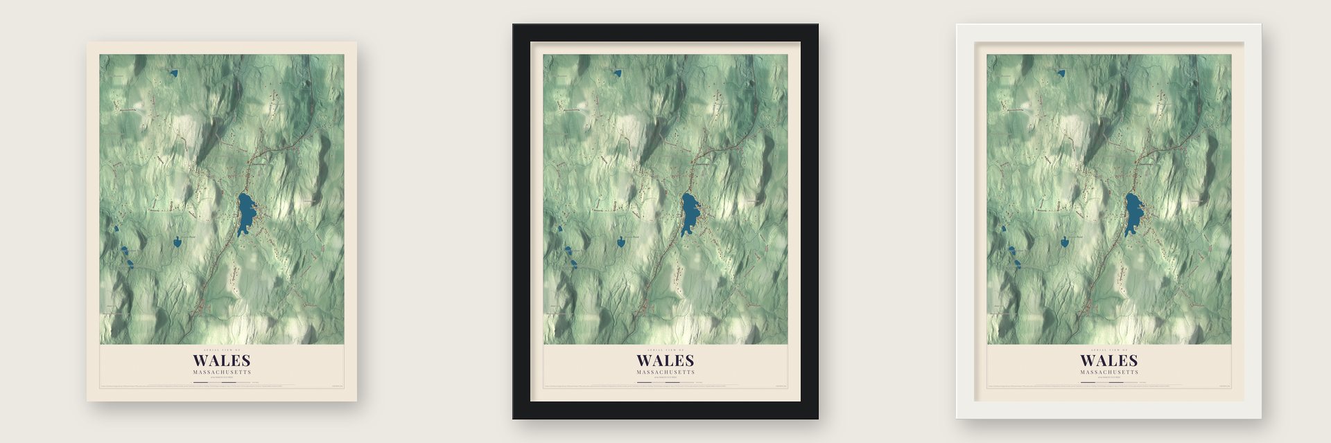 Wales, Massachusetts map unframed, in a black wood frame and in a white wood frame