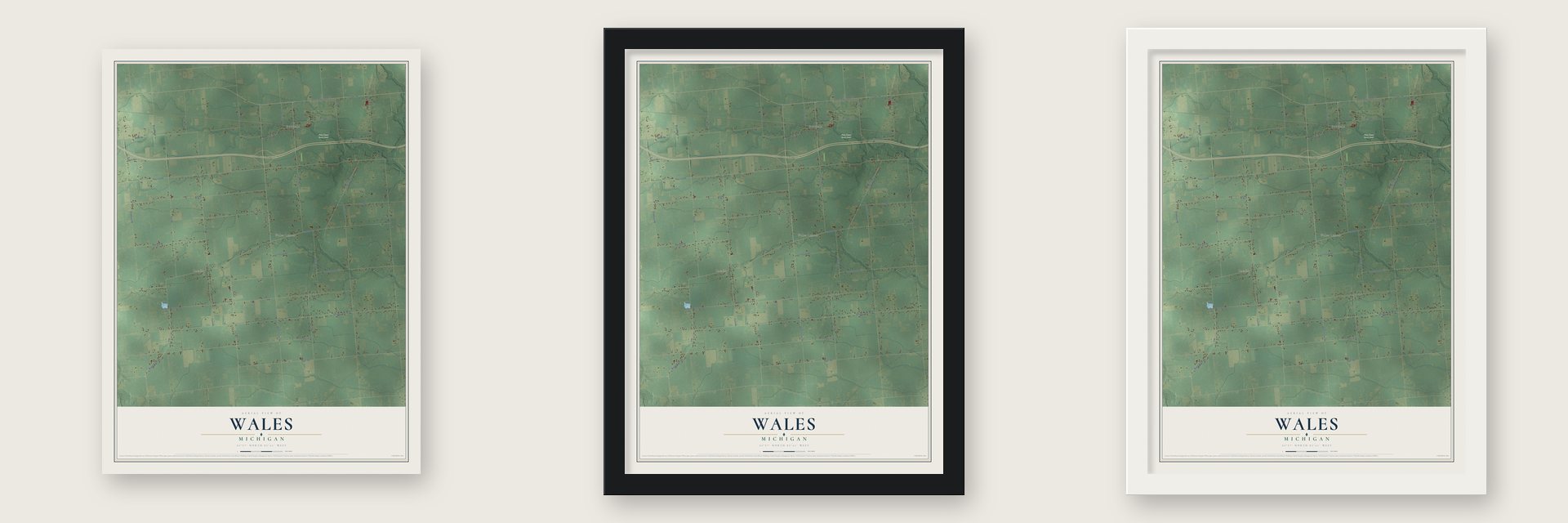 Wales, Michigan map unframed, in a black wood frame and in a white wood frame