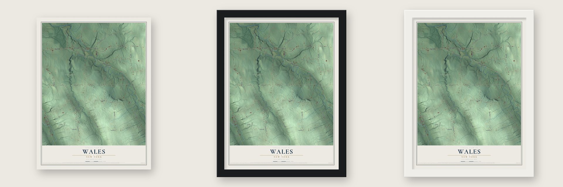 Wales, New York map unframed, in a black wood frame and in a white wood frame